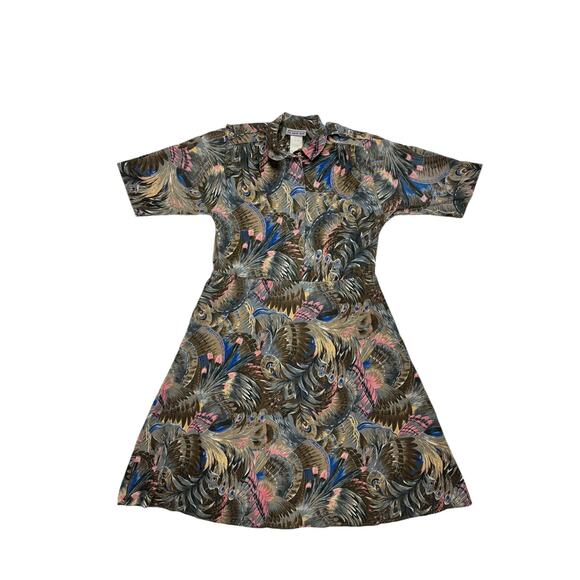 Vintage Brown Feather Button Up Cotton Shirt Dress Size 12 Womens Made in USA - Picture 4 of 12